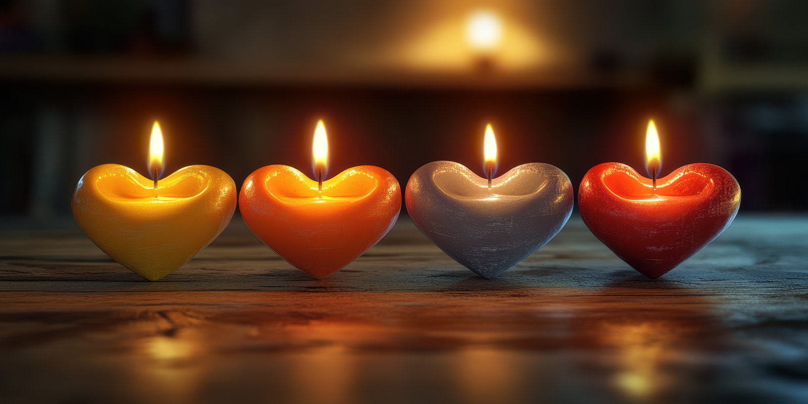 Heart-shaped candles glow warmly in a cozy setting during the evening, creating an inviting atmosphere for relaxation